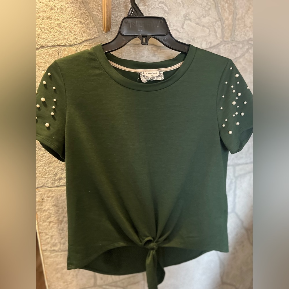 Dark Green Pearl Knotted Blouse!!